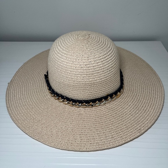 Tan/natural/khaki sun hat with black and gold detailing - Picture 2 of 4